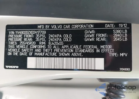 2013 Volvo Xc60 T6/T6 Platinum/T6 Premier Plus/T6 R-Design/T6 R-Design Platinum/T6 R-Design Premier Plus из США, поврежденный, VIN YV4902DZXD2417709